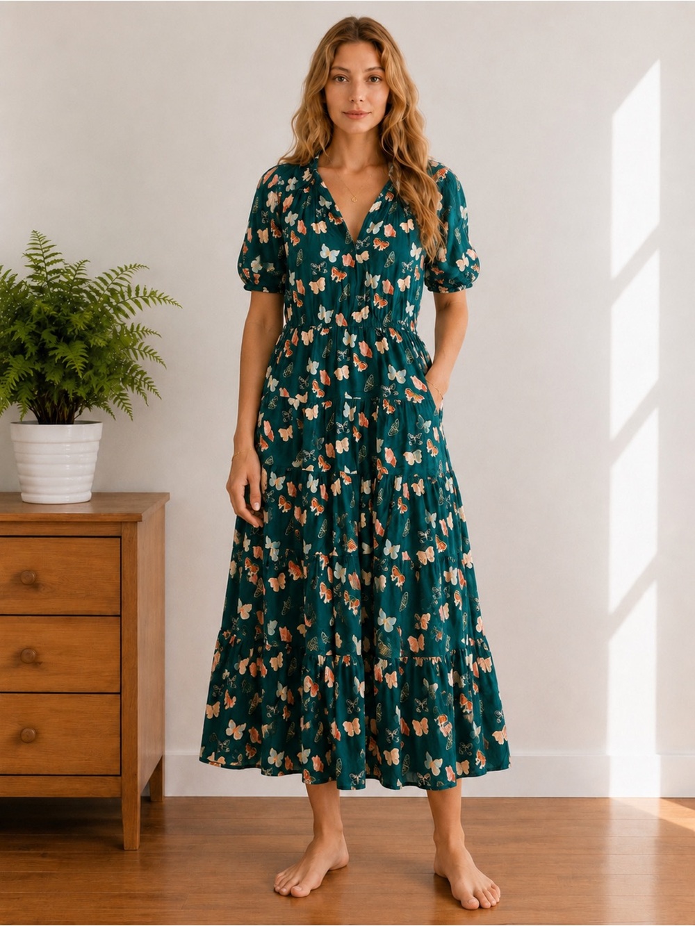 Green Butterfly V-Neck Tiered Puff Sleeve Midi Dress